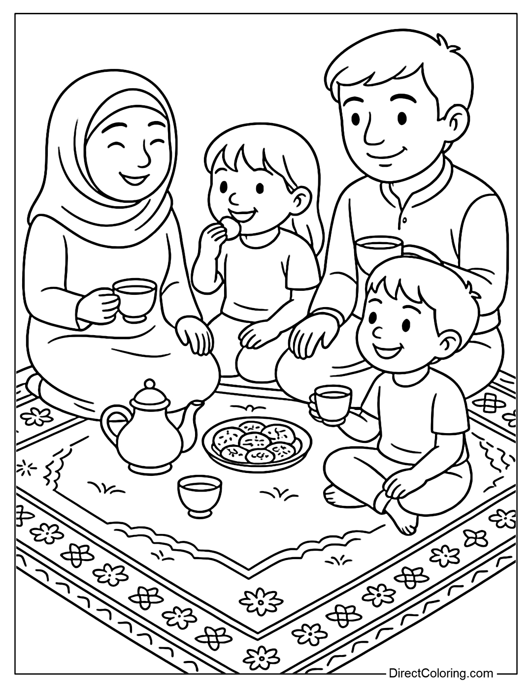 Family Coloring Page sitting on a Persian carpet to eat, with tea and cakes.